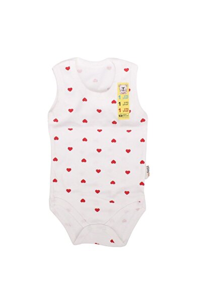 bebegen Baby Girl Ecru Red Heart Printed Strap Snap Fastener Bodysuit
