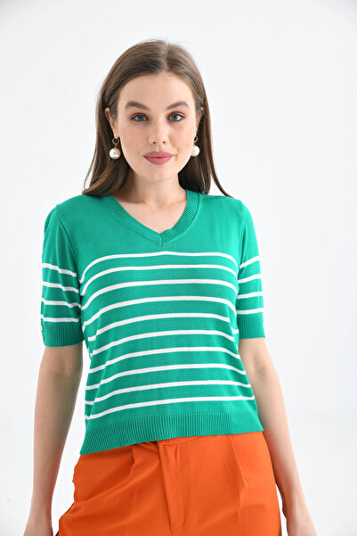 Park Karon Women's V-Neck Striped Short Sleeve Knitwear Sweater