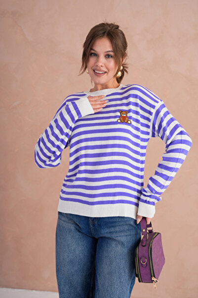 Park Karon Women's Crew Neck Embroidery Detail Striped Knitwear Sweater