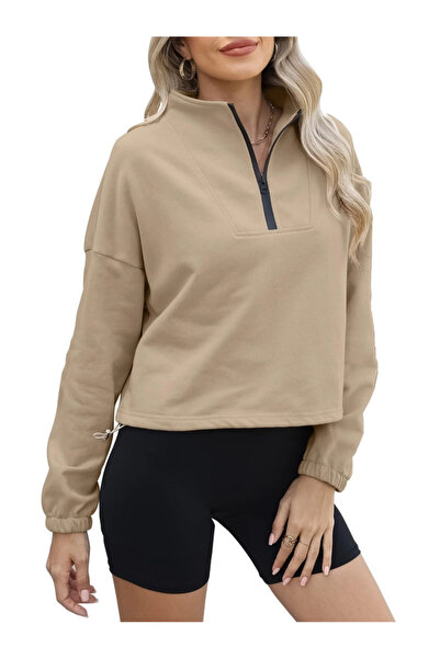 OEM Women's sports sweatshirt with 1/4 zipper and adjustable waist, cream XL