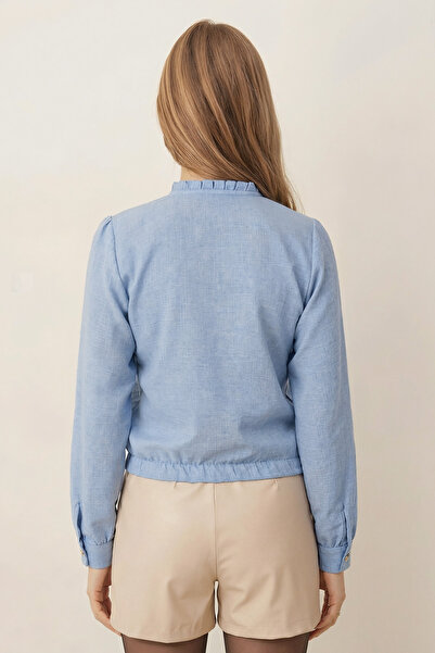 armonika Bluză pentru femei, albastru bebeluș, cu decolteu în V, cu detaliu pliat, cu talie elastică, cu manșete ARM-26K001020