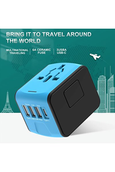 Generic Travel Adapter with Worldwide AC Plug & 3 USB-A/1 USB-C Fast Ports, Compatible Europe UK US AU Asia