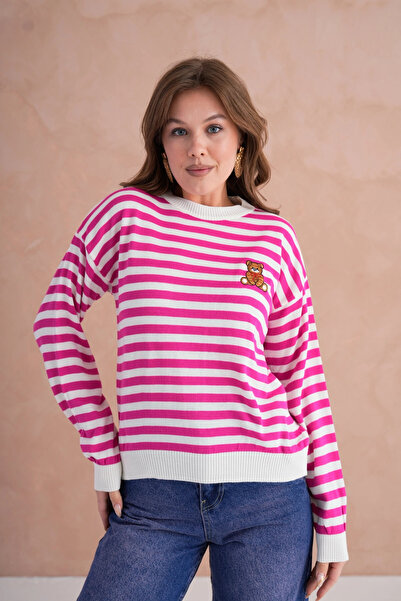 Park Karon Women's Crew Neck Embroidery Detail Striped Knitwear Sweater