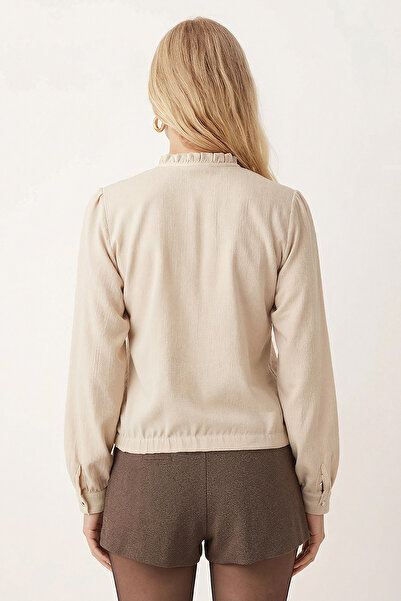 armonika Women's Ecru V-Neck Collar Pleated Detail Elastic Waist Cuffed Blouse Arm-26K001020