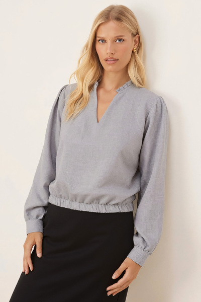 armonika Women's Gray V-Neck Collar Pleated Detail Elastic Waist Cuffed Blouse Arm-26K001020