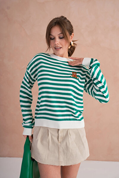 Park Karon Women's Crew Neck Embroidery Detail Striped Knitwear Sweater