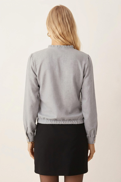 armonika Women's Gray V-Neck Collar Pleated Detail Elastic Waist Cuffed Blouse Arm-26K001020