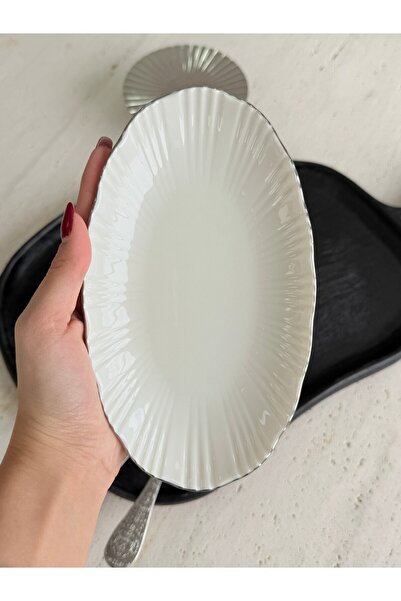 porselenden Aura Silver 2-Piece 20 cm Premium Porcelain Small Size Boat-Shaped Breakfast Mezelik Presentation Serving Set