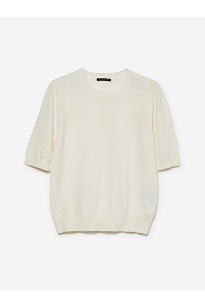 Sisley Cotton and Wool Blend Ribbed Collar Short Sleeve Sweater Women's Cream Sweater - 325A1Sbxm106L