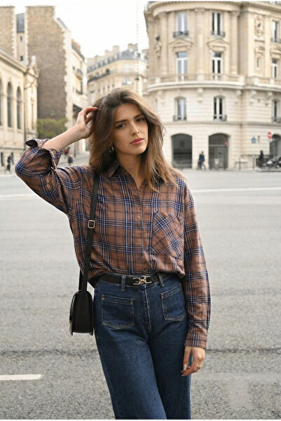 FEMELLE Women's Brown Plaid Pattern Single Pocket 100% Cotton Oversized Shirt (Get 1 Size Smaller)