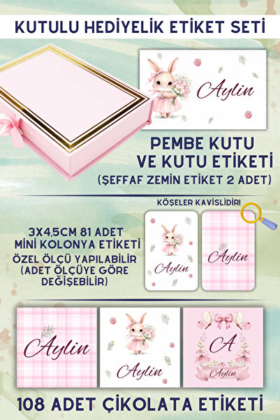 Netsan Etiket Çiçek Tavşan Desen Hediyelik Etiket Seti - Kutu, Çikolata Etike...