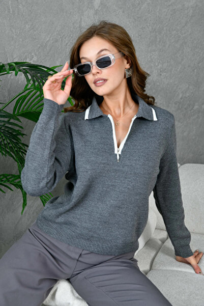 Park Karon Women's Polo Neck Half Zipper Closure Basic Knitwear Sweater