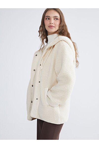 LC Waikiki Modest Beige cu glugă supradimensionat Palton Teddy pentru femei