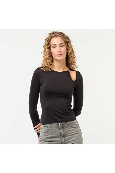 KİABİ Fitted T-shirt with Gold Detail BLACK