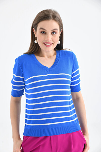 Park Karon Women's V-Neck Striped Short Sleeve Knitwear Sweater