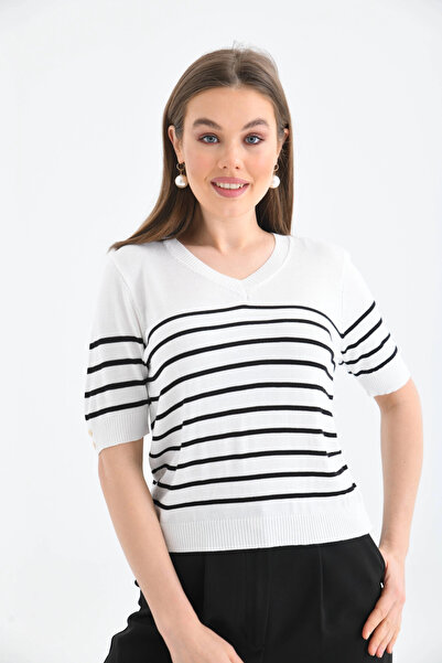 Park Karon Women's V-Neck Striped Short Sleeve Knitwear Sweater