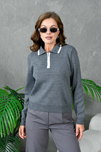 Park Karon Women's Polo Neck Half Zipper Closure Basic Knitwear Sweater