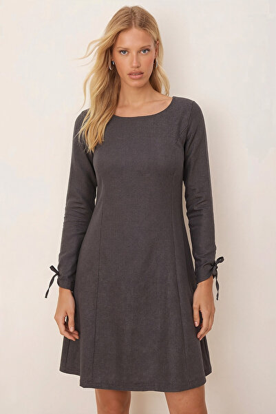 armonika Women's Smoked Crew Neck Gathered Sleeves Long Sleeve Dress with Handles Arm-26K001033