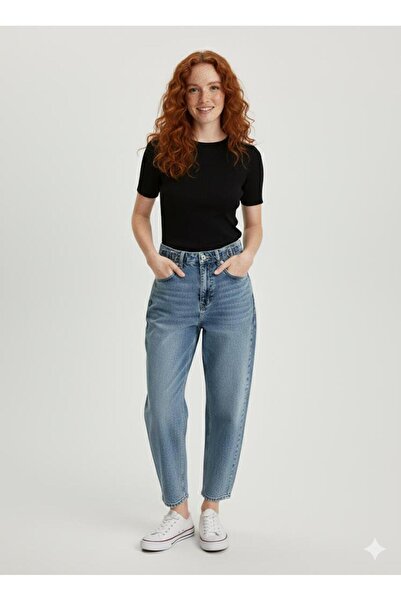 nd jeans Women's Premium Faded Effect Baggy Jeans Side Buckle Detailed Trousers