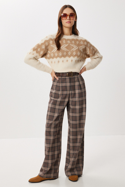 Lovelyİstanbul Belted Checkered Polyviscon Trousers Lrg0049 Brown