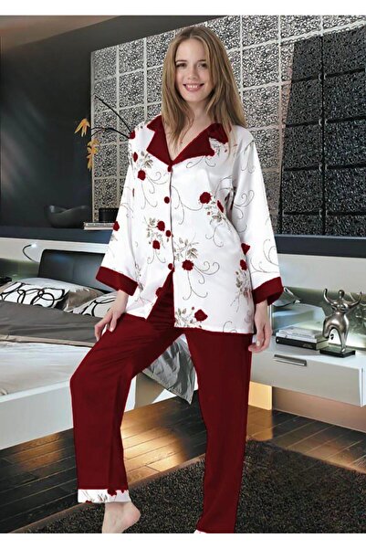 Nice Model Floral Print Satin Pajama Set Women's Button Front Sleepwear Two Piece Loungewear