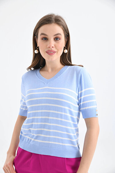 Park Karon Women's V-Neck Striped Short Sleeve Knitwear Sweater