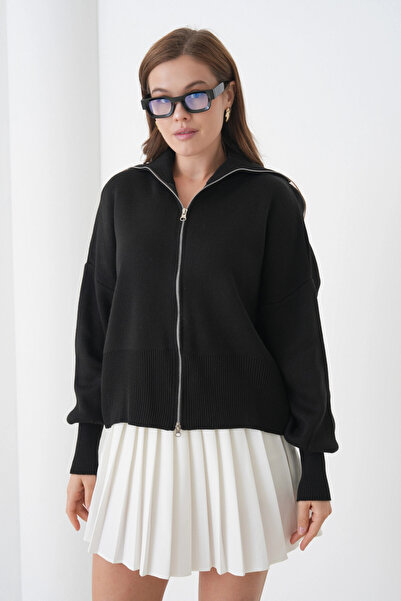 Park Karon Women's Turtleneck Zipper Closure Knit Detail Knitwear Jacket