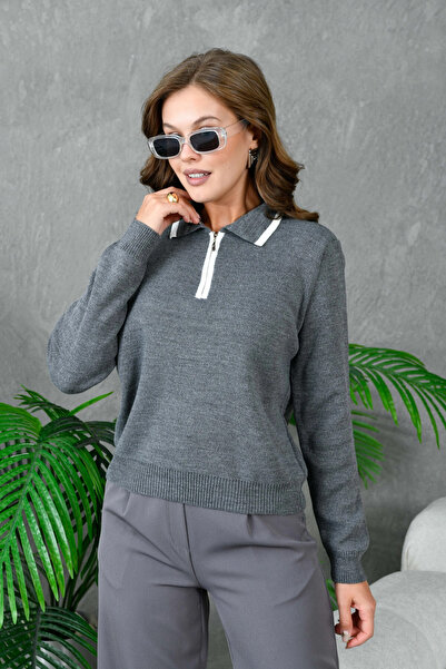 Park Karon Women's Polo Neck Half Zipper Closure Basic Knitwear Sweater