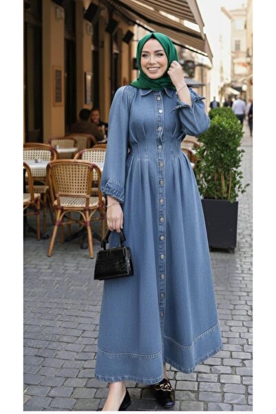 Hb Harma Time Butik Women's Gathered Waist Buttoned Denim Blue Dress