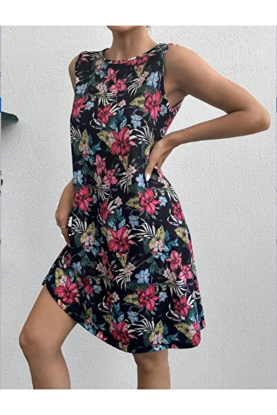 Butik Almina Kadın Renkli çiçek Baskılı Süprem Elbise