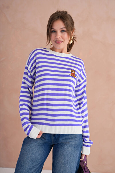 Park Karon Women's Crew Neck Embroidery Detail Striped Knitwear Sweater