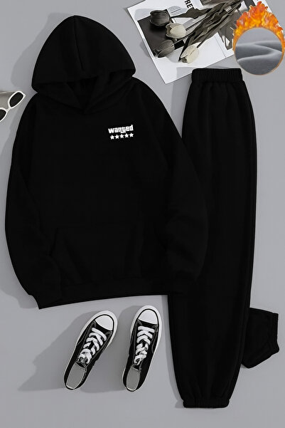 Sweetline Unisex Wanted Printed Hooded Black Tracksuit Set - Winter Fleece-Lined Fabric