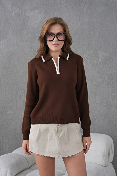 Park Karon Women's Polo Neck Half Zipper Closure Basic Knitwear Sweater