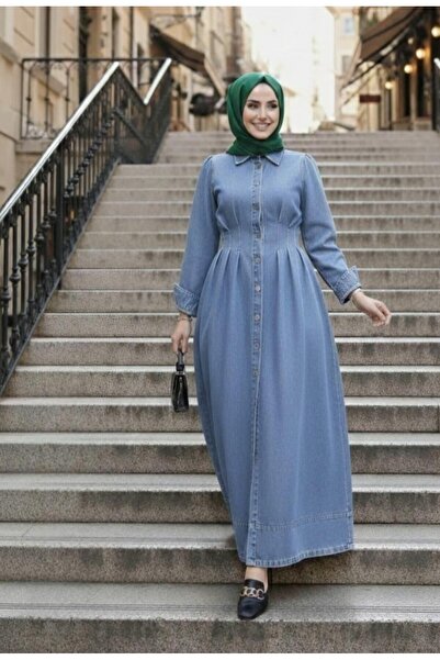 Hb Harma Time Butik Women's Gathered Waist Buttoned Denim Blue Dress