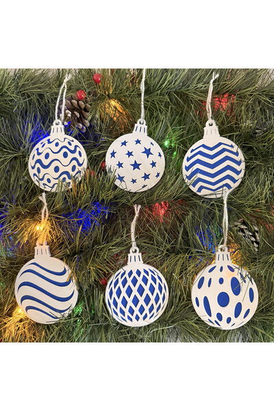 DECORADI Set 6 ornamente brad Craciun, Alb/Albastru, diametru 9 cm, Cadou Cra...