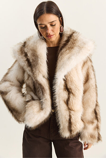 Bianco Lucci Women's Patterned Wide Collar Lined Faux Fur Coat 2850 60281125