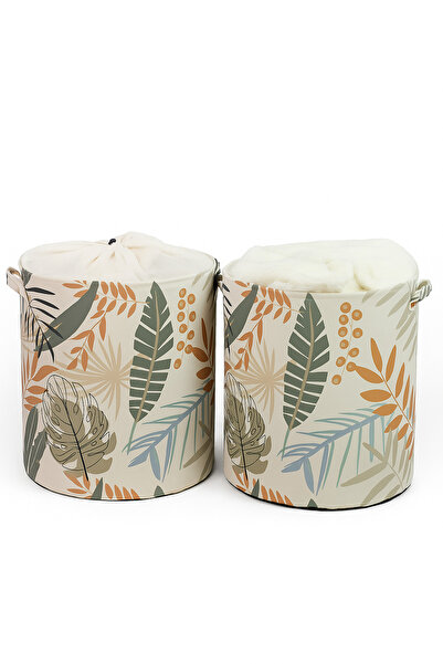 HomyJRs 2-Piece Leaf Patterned Drawstring Multi-Purpose Toy and Laundry Basket 37 X 40