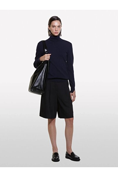 Sisley Wool and Cashmere Blend Ribbed Detail Turtleneck Sweater Women's Navy Blue Sweater - 325A102Hm2174