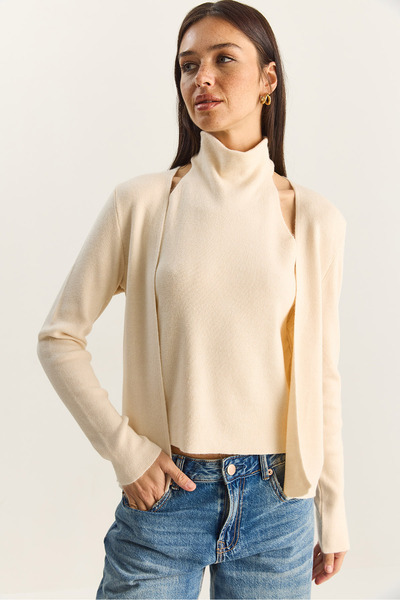 Bianco Lucci Γυναικεία ζακέτα με λαιμόκοψη και λεπτομέρεια μπλούζας μέσα ζακέτα TH251006 60283834