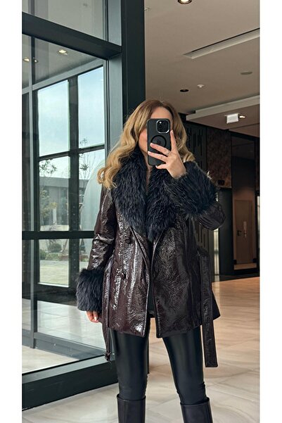 FEMİAS Plum Collar and Sleeves Fur Leather Coat