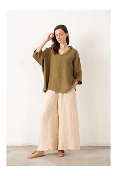 İpekçi Otantik Keten V Yaka Oversize Kadın Gömlek