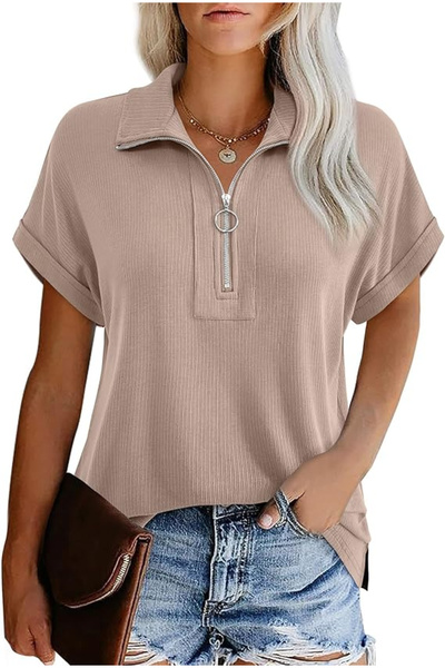 OEM Women's loose summer T-shirt, 1/4 zipper, cream 2XL