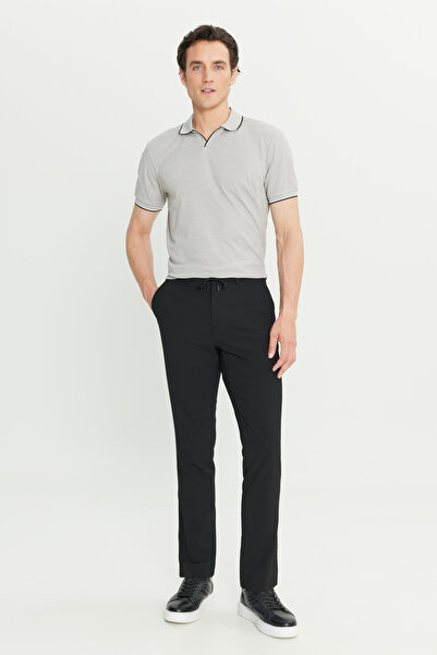 ALTINYILDIZ CLASSICS Ανδρικό μαύρο παντελόνι εφαρμοστό με στενή εφαρμογή με σχέδιο γκοφρέ με δεμένη μέση και πλαϊνές τσέπες Travel Casual