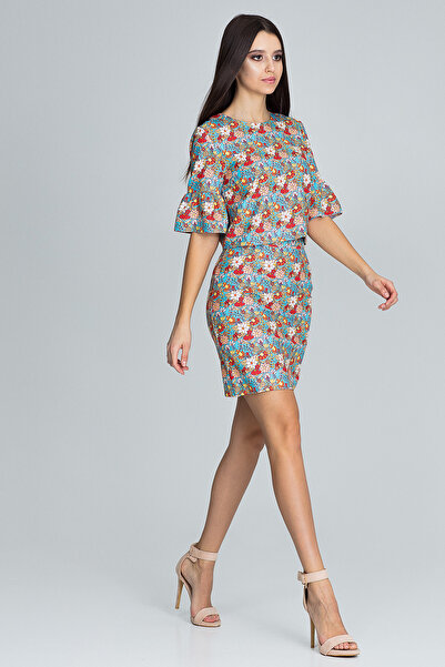 Figl Floral set - blouse with ruffles on sleeves - pencil skirt - blue M593 size XL