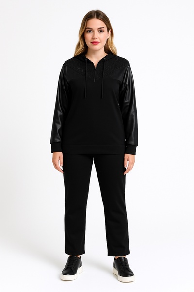 Şans Γυναικείο Σετ Φόρμας με κουκούλα Μεγάλου Μεγέθους Μαύρο, Δερμάτινο και Πέτρινο Λεπτομερές 65N39258