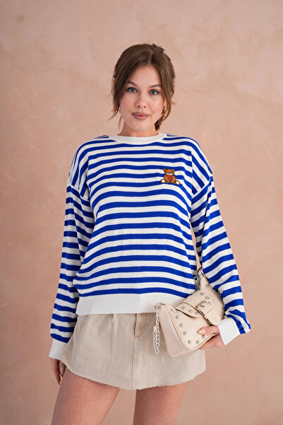 Park Karon Women's Crew Neck Embroidery Detail Striped Knitwear Sweater