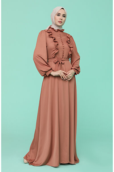 sefamerve Ruffled Modest Evening Dress 4873-03 Onion Peel