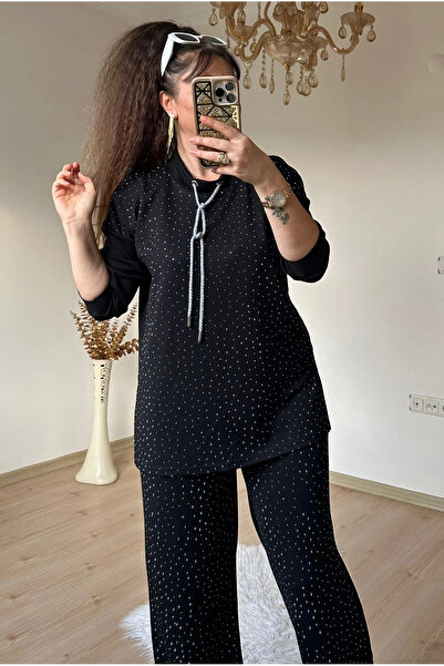 AZRA BUTİK Glittery String Lace-Up Stone Set Black