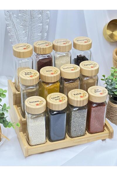 aden glass Bambu Kapak Ve Standlı 12 Li Cam Baharat Takımı