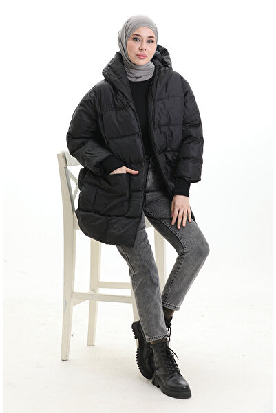 sefamerve Hooded Zippered Puffer Jacket 0204-01 Black